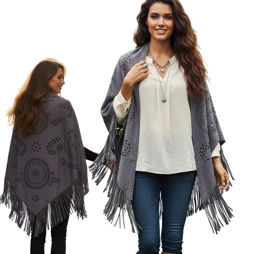 VERY MODA Womens Boho Faux Suede Cutout Fringed Poncho Western Shawl Gray OS NWT